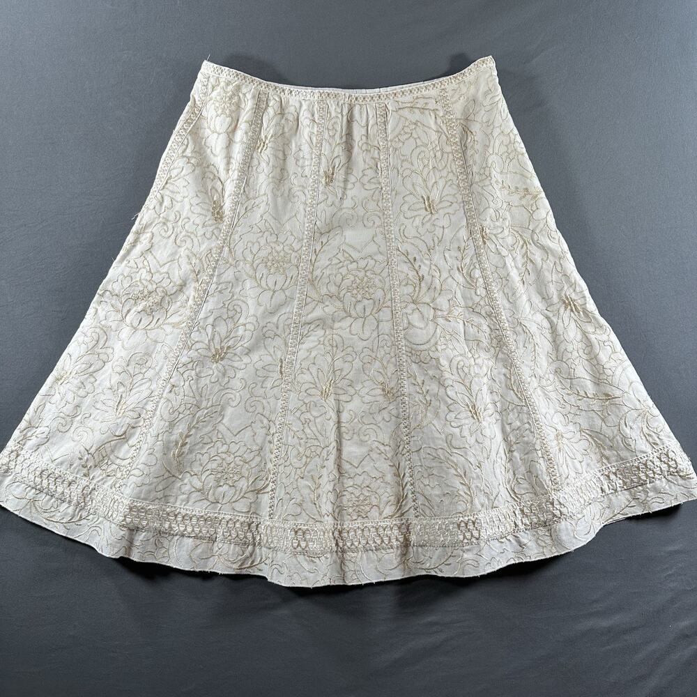 Nygård Collection Ivory Beige Embroidered Floral A-Line Skirt Ramie Cotton 10